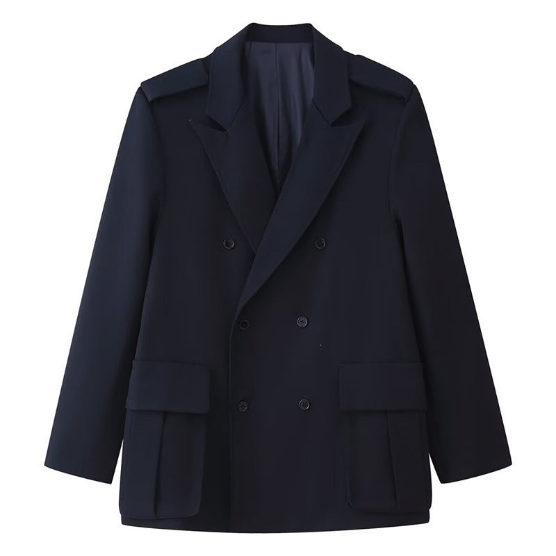 Women Double-breasted Field Blazer with large flap pockets and shoulder epaulets Chichicherry