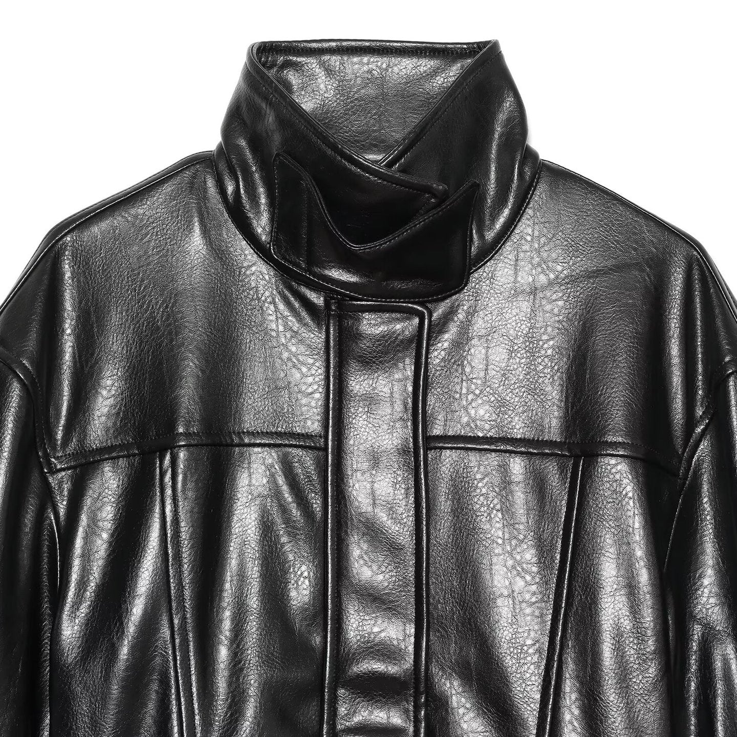 Women's Faux Leather Short Coat with High Stand Collar, Waist Tie Belt and Seams Chichicherry