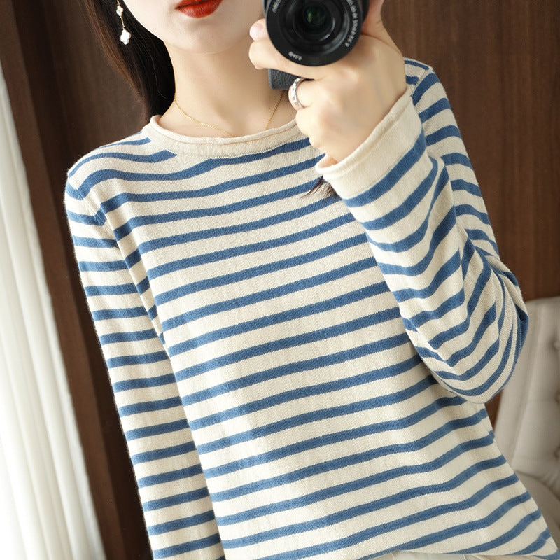 Women’s maritime inspired cotton fine knit pullover with stripes and slightly boxy silhouette Chichicherry