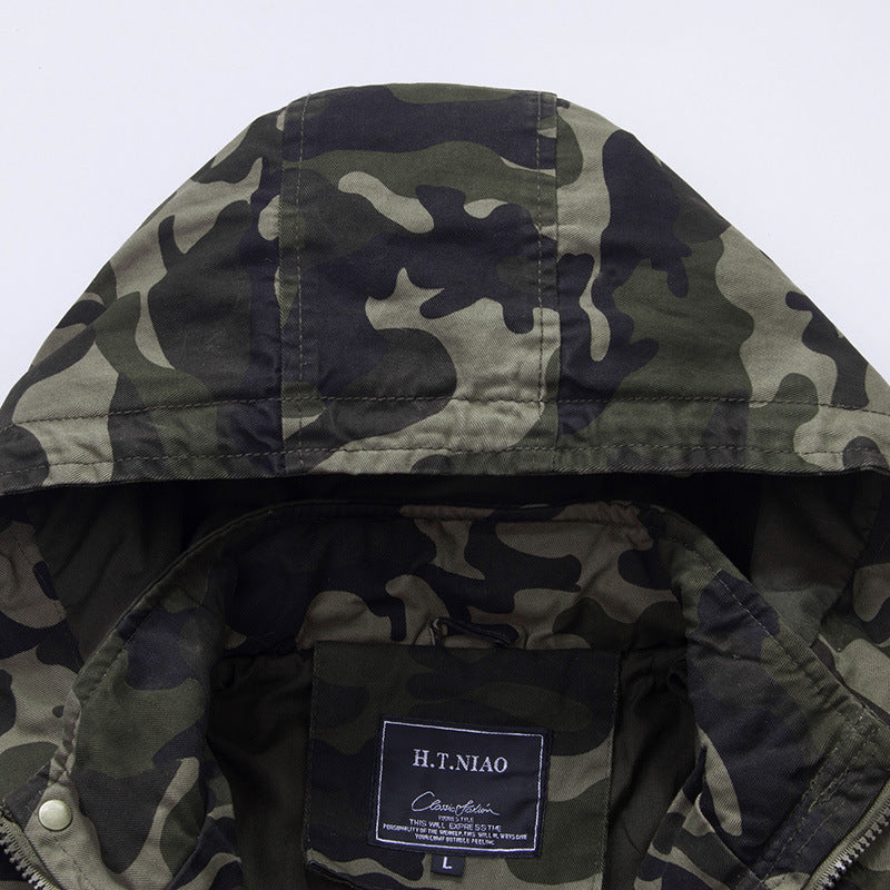 Men's Camouflage Field Jacket with Hood, Multifunctional Exterior Pockets and Drawstring Waist Chichicherry