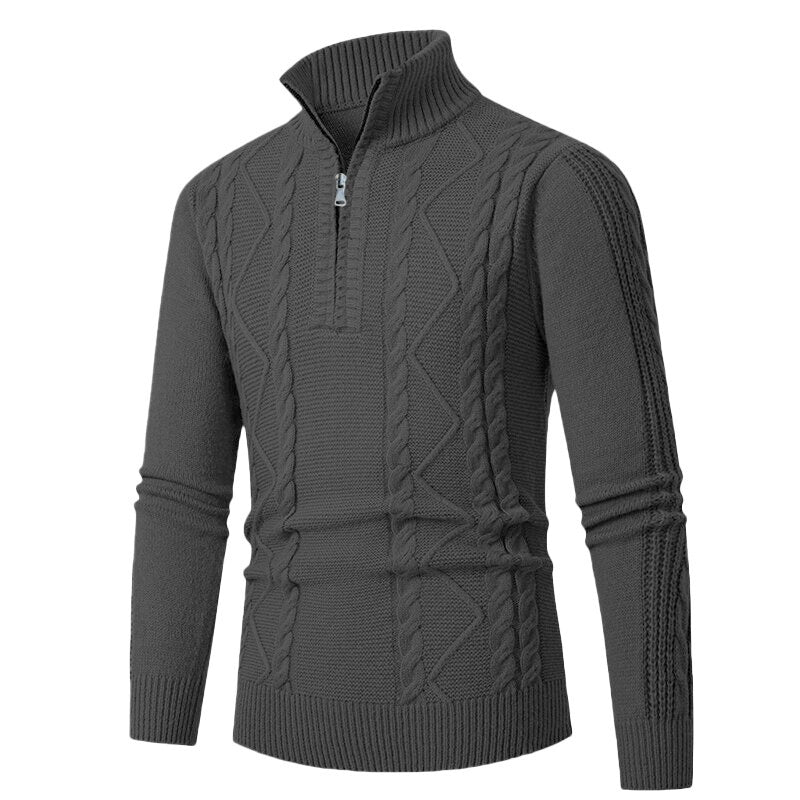Men's Premium Cable Knit Half-Zip Pullover with High Collar and Texture Mix Chichicherry