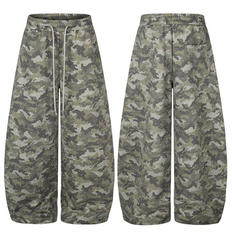 Women's Wide Camouflage Sweatpants with Balloon Legs and Drawstring Chichicherry
