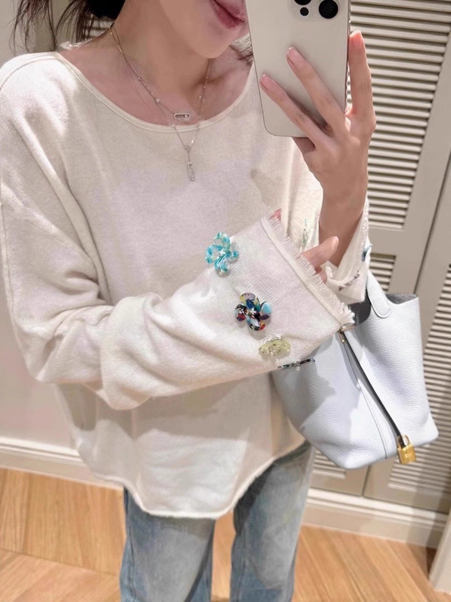 Women's Oversized Fine Knit Sweater with Embellished Sleeve Cuffs Chichicherry