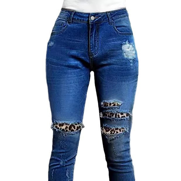 Women Stretch Skinny Jeans with High Waist, Knee Ripped Details and Leo Underlay Chichicherry
