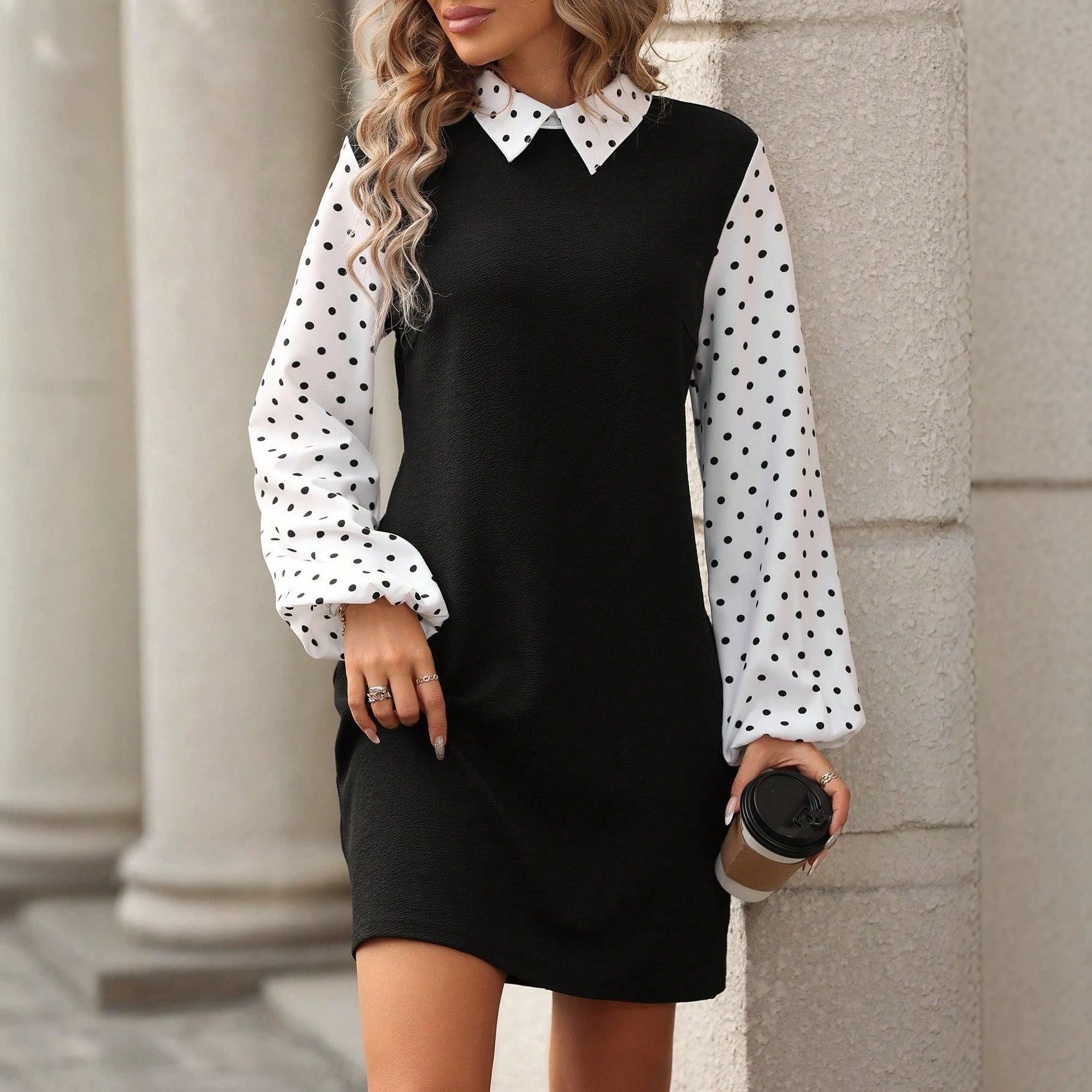 Damen Kontrastblusenkleid mit gepufften Polka-Dot-Ärmeln und Hemdkragen Chichicherry