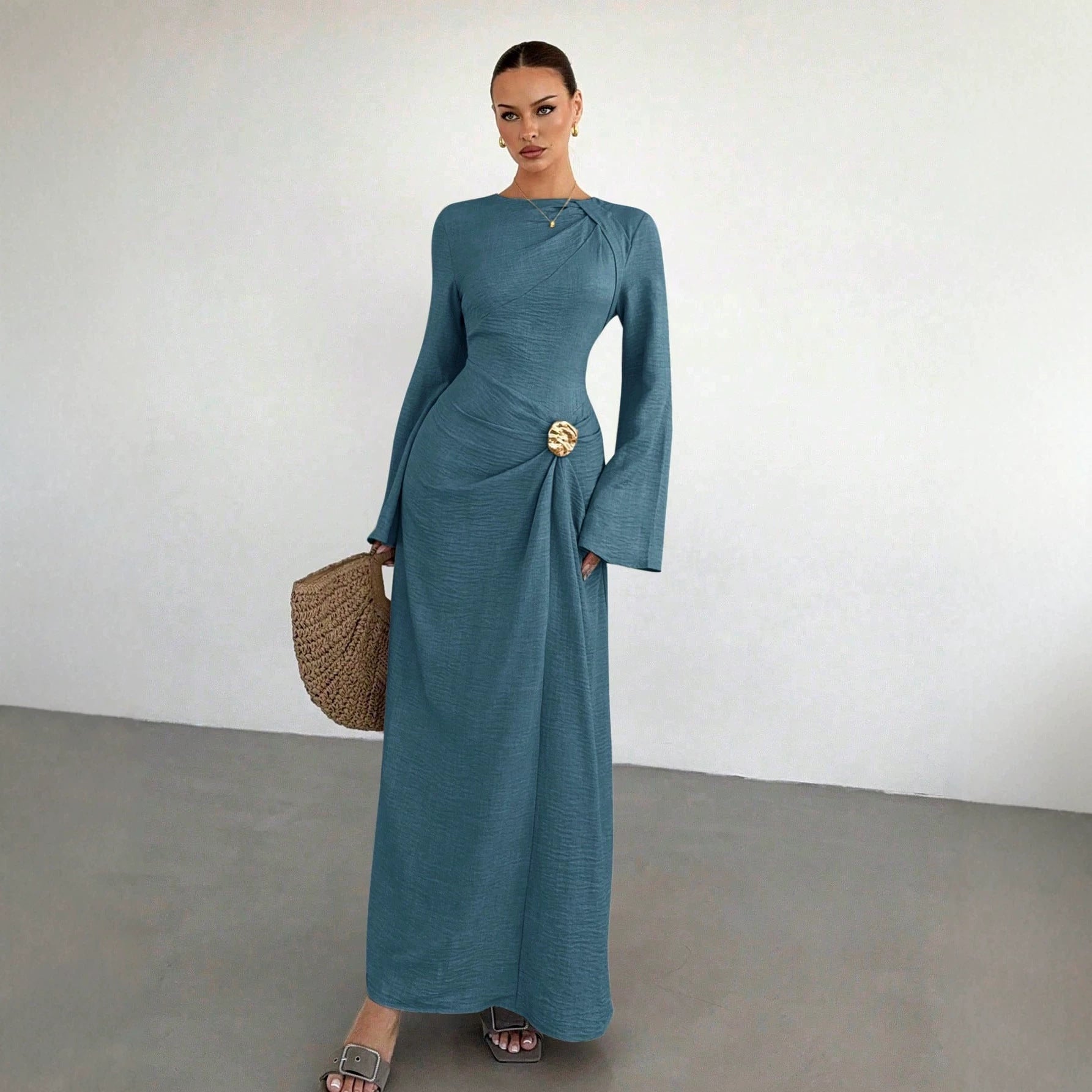 Ladies max dress with draping, decorative brooch and wide trumpet sleeves Chichicherry