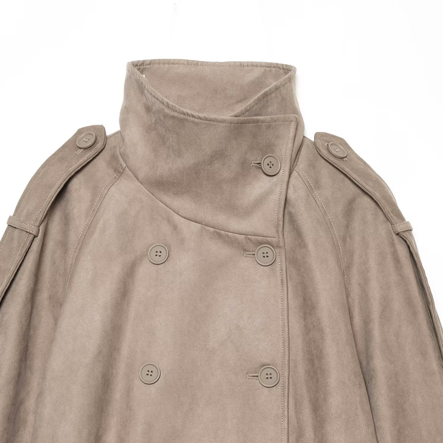 Women's Cropped Cape Trench Coat in Velvet Look with High Standing Collar, Epaulettes, and Double-Breasted Button Placket Chichicherry