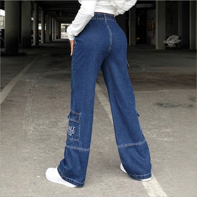 Women's high-waisted wide cargo denim pants with elastic waistband and multiple pockets Chichicherry