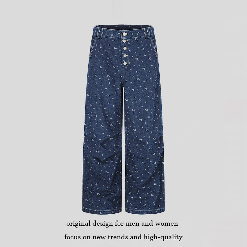 Women's High-Waist Culotte Jeans in Palazzo Cut with Visible Button Placket and Fine Floral Print Chichicherry