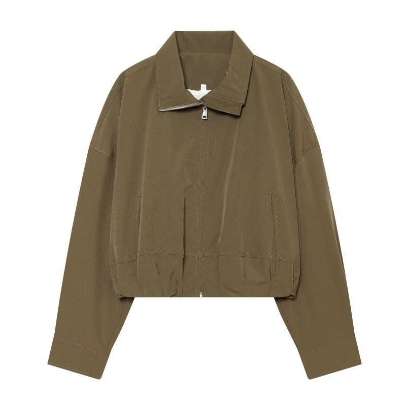 Women Cropped Boxy Jacket with Zipper, Stand-Up Collar and Elastic Hem Chichicherry