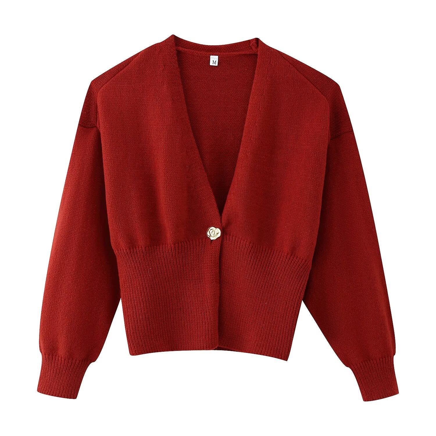 Women Short V-Neck Cardigan with Balloon Sleeves and Decorative Button Chichicherry