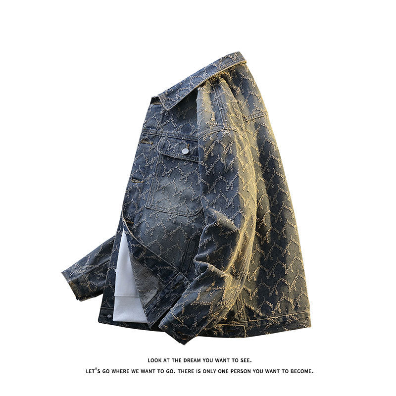 Men's Oversize Denim Jacket with Quilted Allover Pattern and Chest Pockets Chichicherry