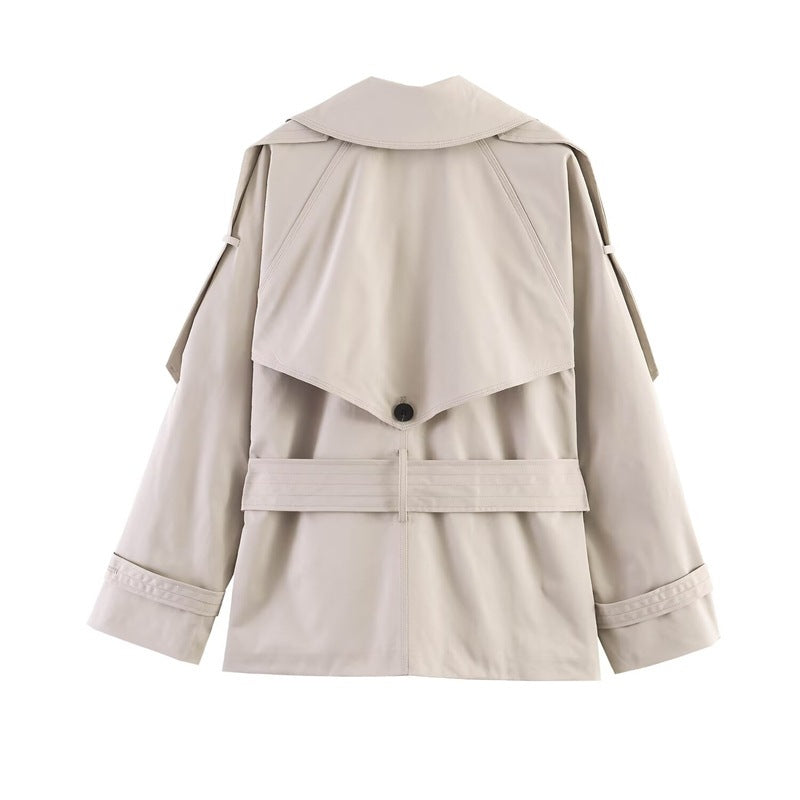 Women's short cut oversized trench coat with belt and double-breasted button placket Chichicherry