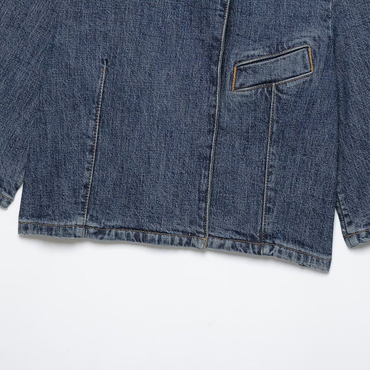 Women's Cropped Denim Jacket in Boxy Cut with Stand Collar and Concealed Button Placket Chichicherry