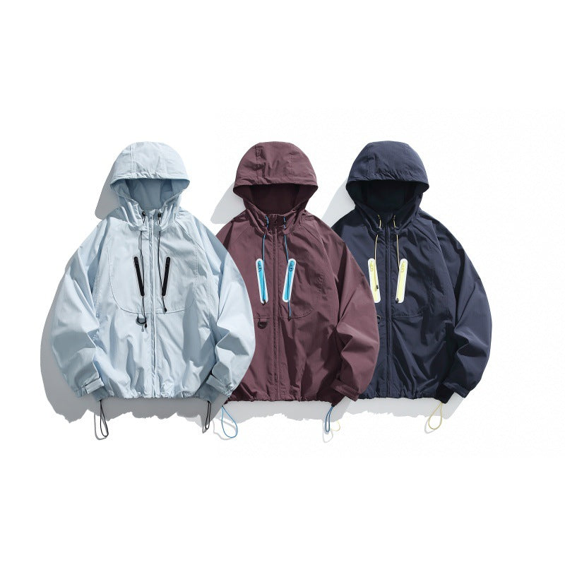 Unisex Technical Hooded Windbreaker in Boxy Cut with Vertical Chest Zippers and Drawstring Hem Chichicherry