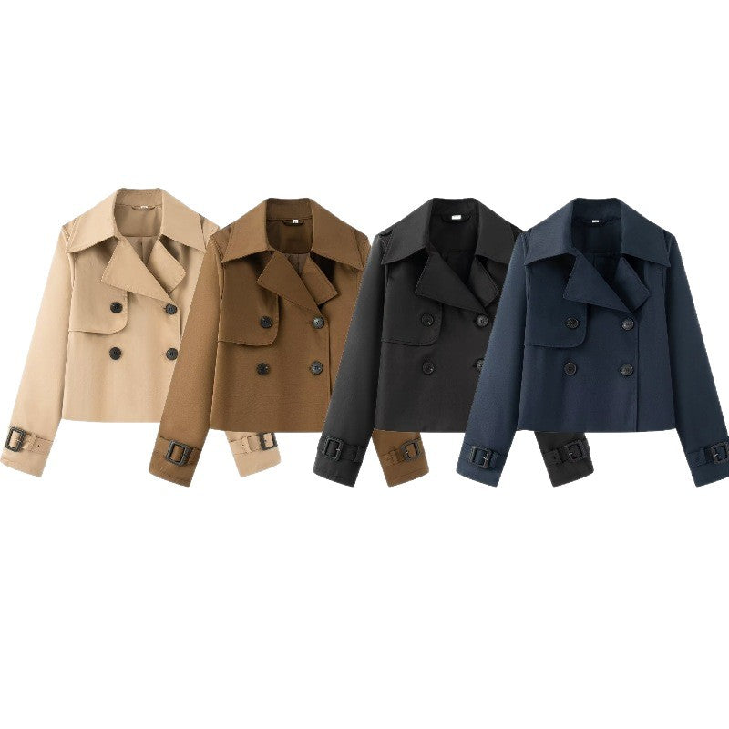 Women Cropped Double-breasted Trench Coat with Wide Lapels and Adjustable Cuffs Chichicherry