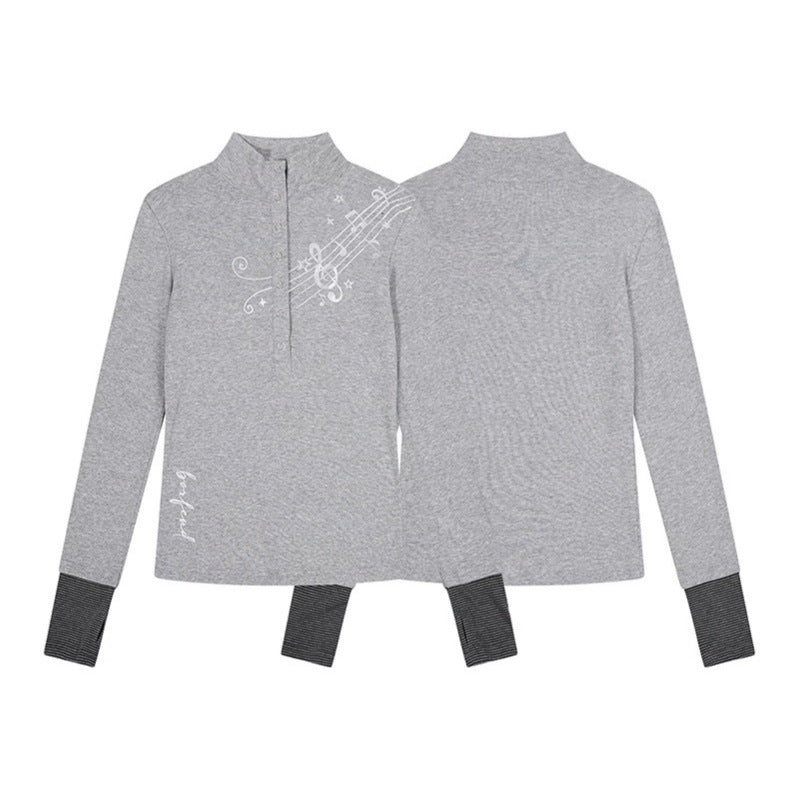 Women's Long Sleeve Polo Shirt with Stand-Up Collar, Button Placket and Note Print Chichicherry