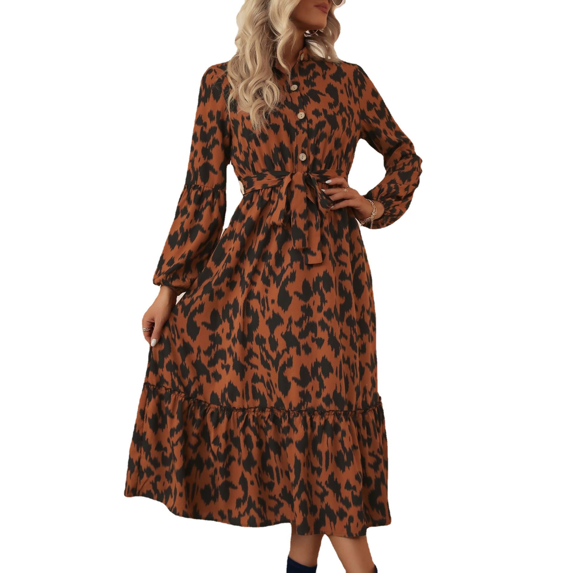 Women's viscose midi dress with leopard print, concealed button placket, waistband, and tiered ruffles.