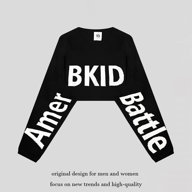 Women's Cropped Knit Sweater with Wide Raglan Sleeves and Statement Print Chichicherry
