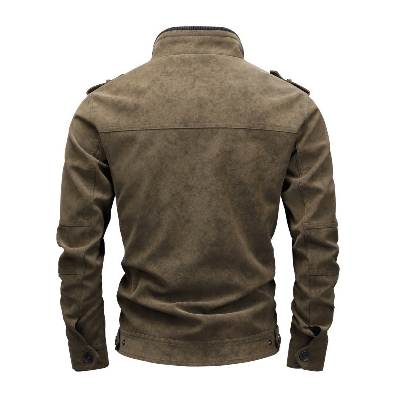 Men's Utility Flight Jacket in Suede Look with Stand Collar, Epaulettes and Multiple Pockets Chichicherry