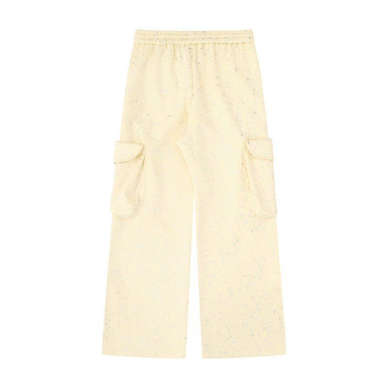 Women's Extra Wide Cargo Palazzo Sweatpants with Drawstring Waistband and Decorative Wing Appliqués Chichicherry