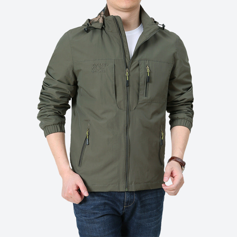 Men's Windproof Microfiber Utility Jacket with Hood and Multiple Zipper Pockets Chichicherry