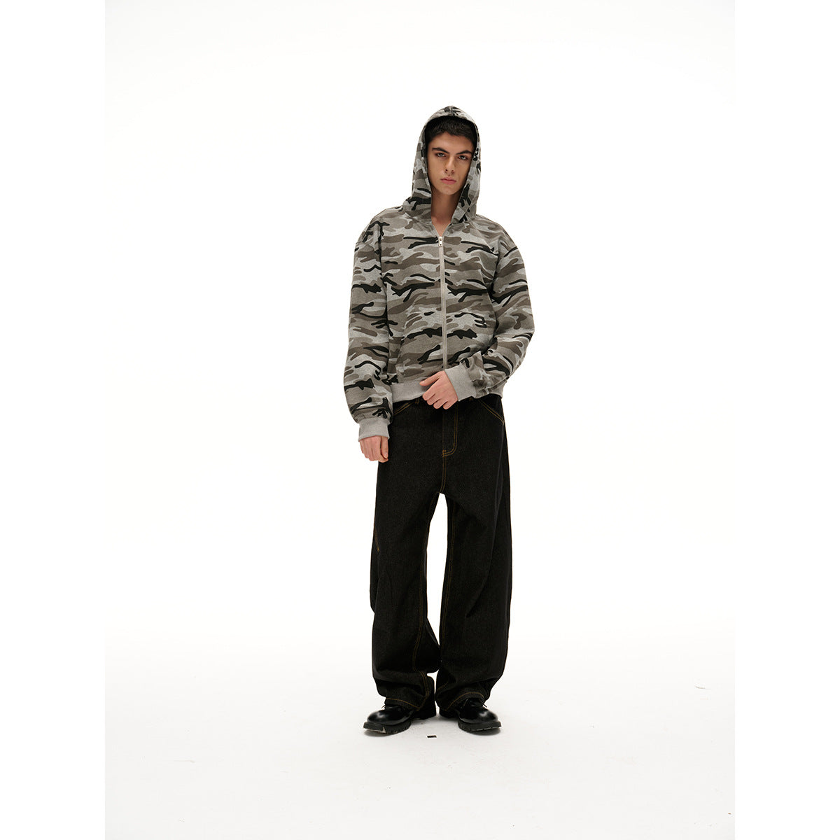 Unisex Oversized Hoodie Jacket with Full Zip and Camouflage Print Chichicherry