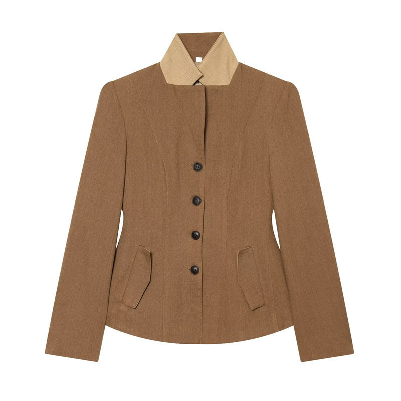 Women's Tailored Wool Riding Jacket with Stand-Up Collar and Flap Pockets Chichicherry