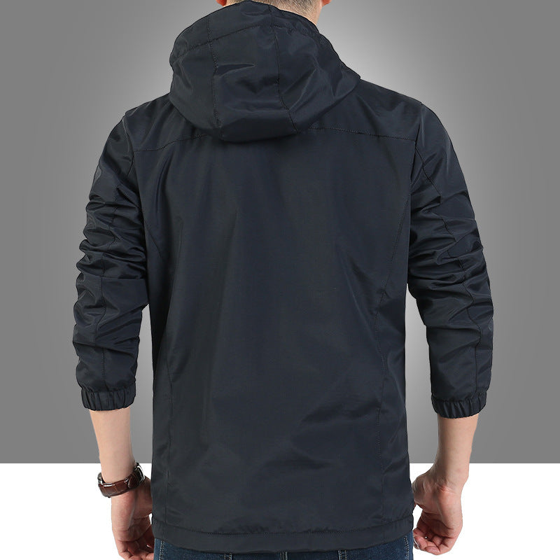 Men's lightweight functional hooded blouse with windproof shell, concealed zipper, and multi-pocket design.