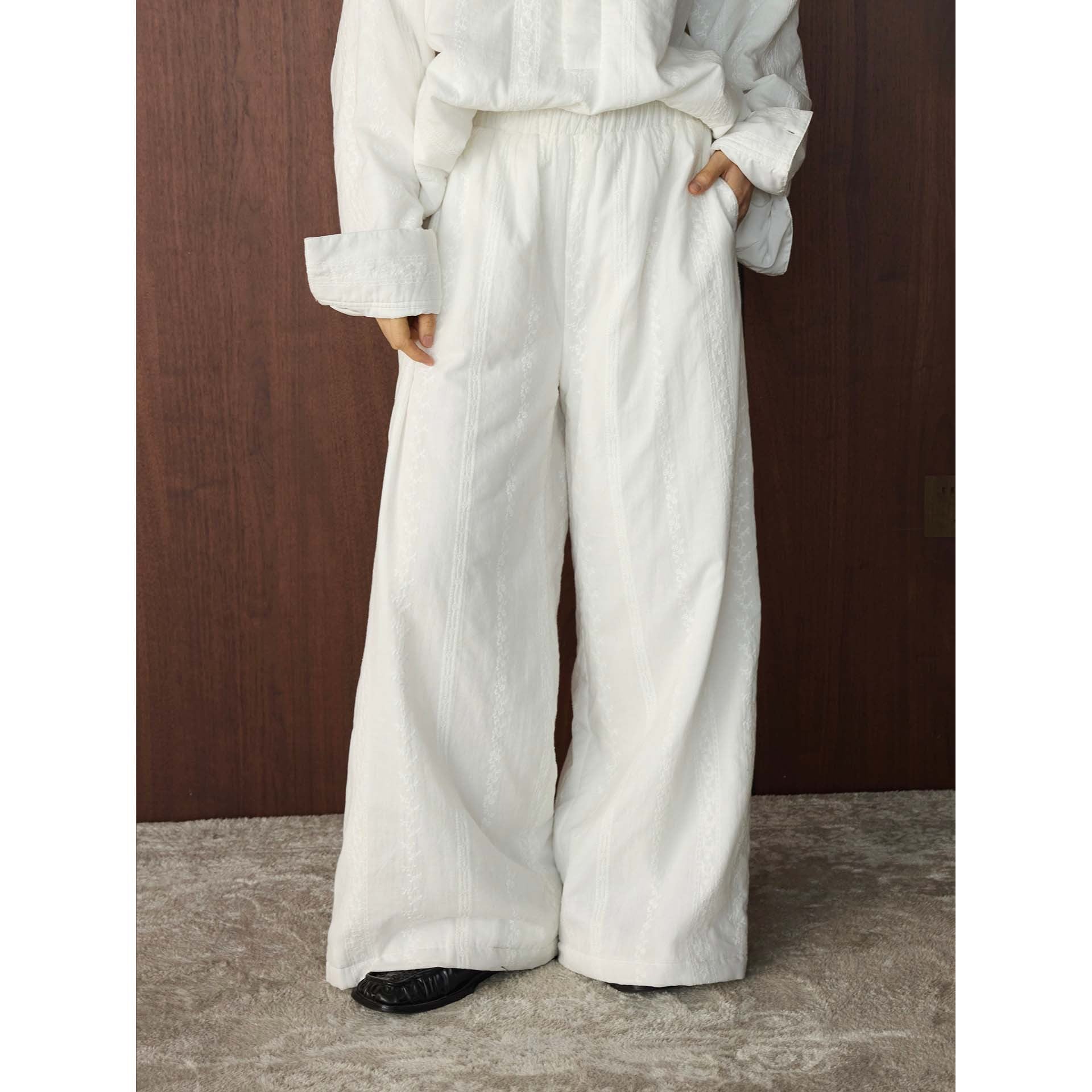 Women Wide High-Waist Linen Look Wide Leg Pants with Elastic Waistband and Side Pockets Chichicherry