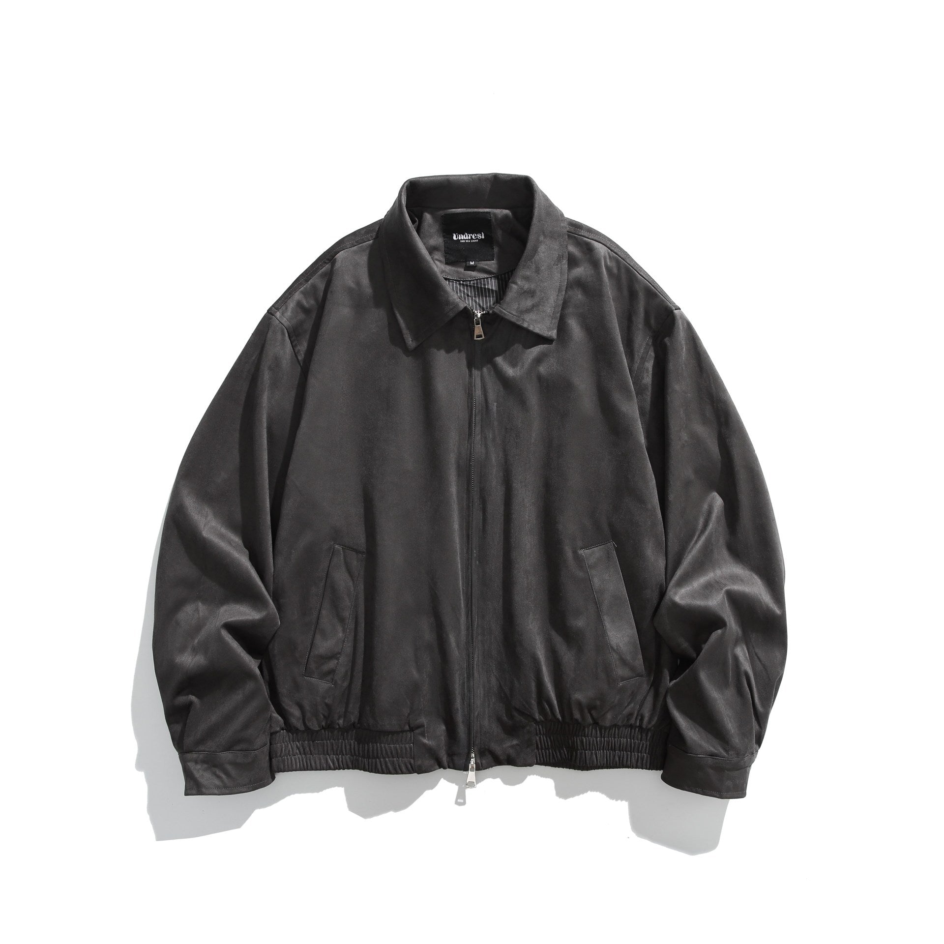 Men's short-cut velour blouson with shirt collar, two-way zipper, and elastic hem