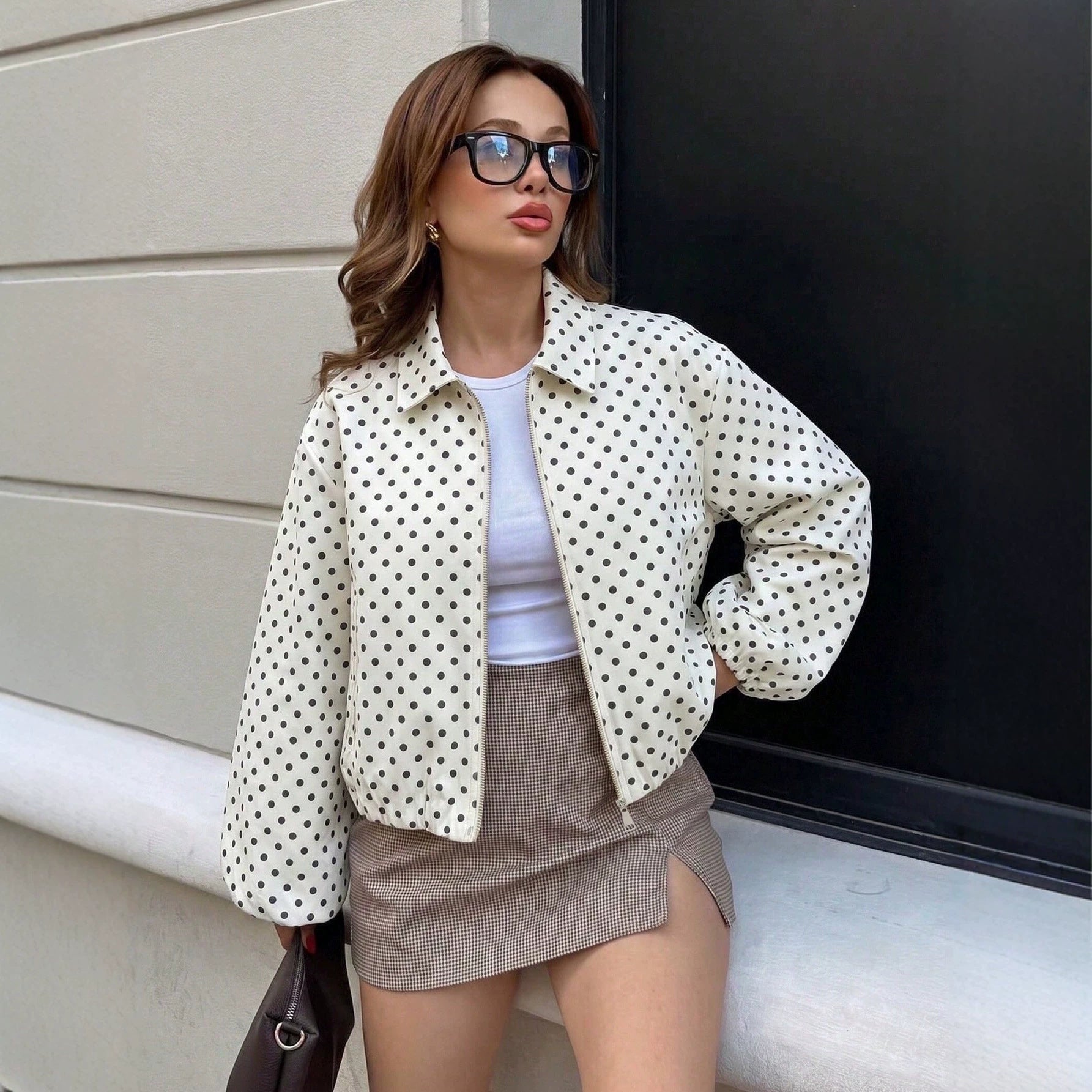 Women Polka Dot Short Bomber Jacket with Zipper Chichicherry