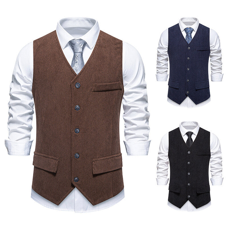 Men's Tailored Business Waistcoat made of Structured Fabric with V-Neck and Decorative Buttons Chichicherry