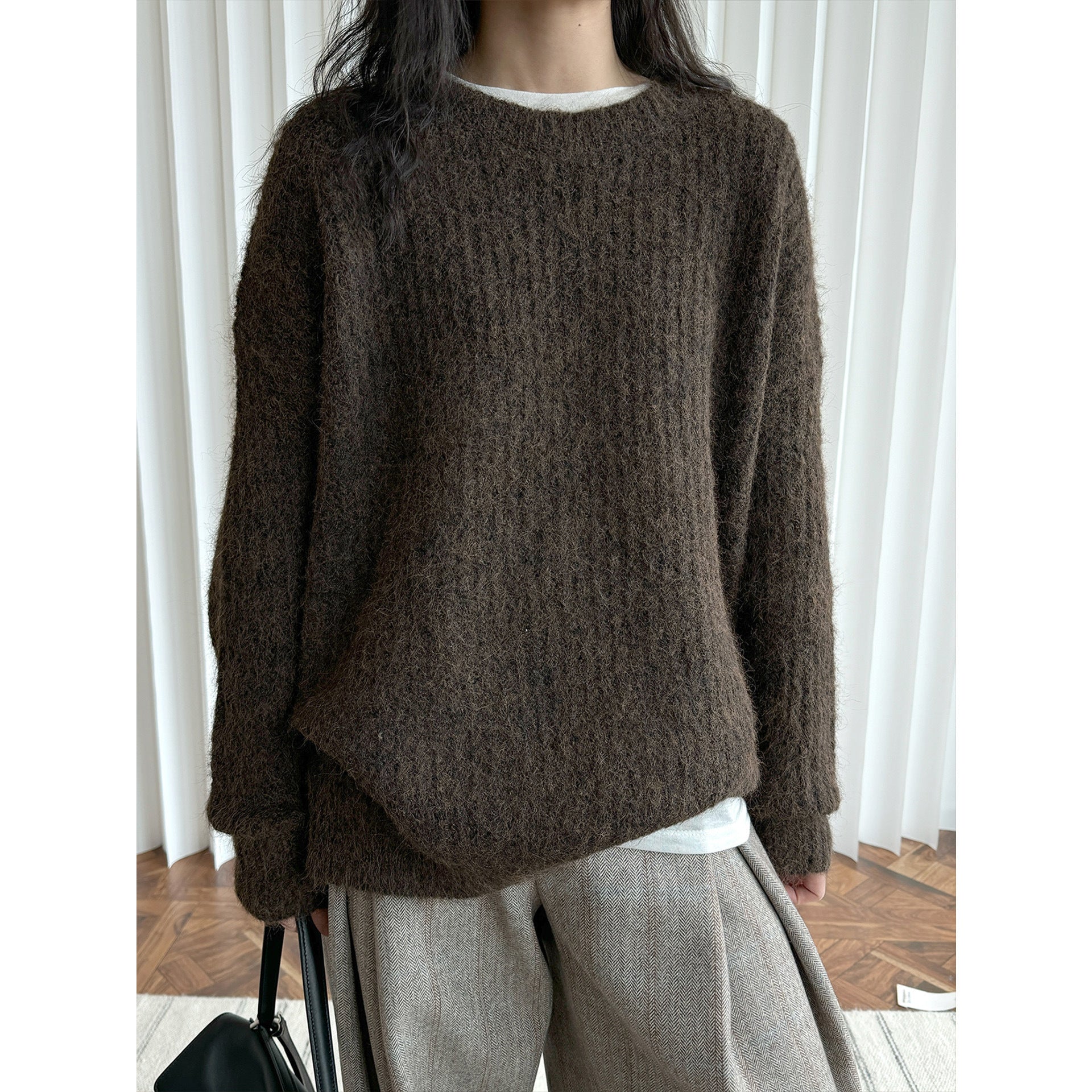 Women Fluffy Oversized Sweater in Mohair Look with Ribbed Textured Knit Chichicherry