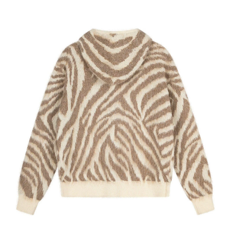 Women's Fluffy Zip Hoodie Cardigan with Zebra Jacquard and Kangaroo Pocket Chichicherry