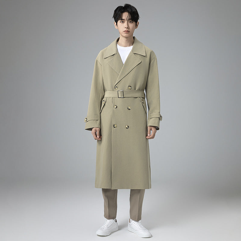 Men's Maxi-Length Trench Coat with Shaping Belt and Minimalist Silhouette Chichicherry