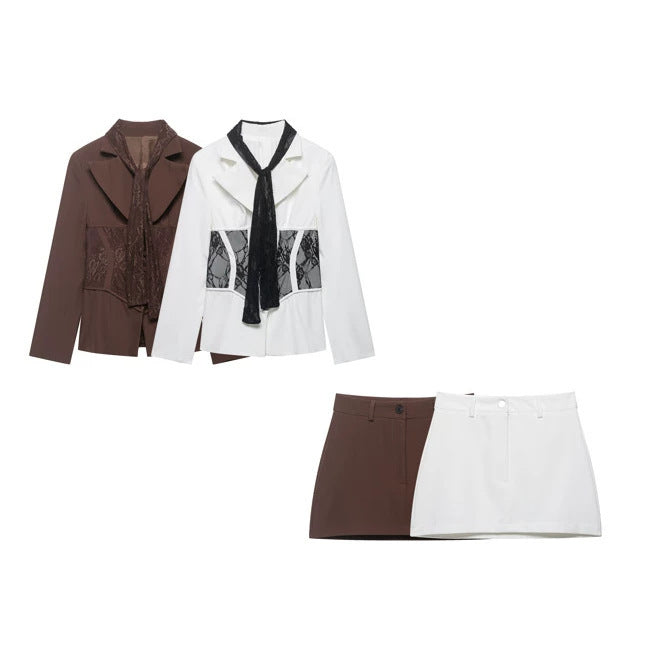 Women Tailored Blazer with Lace Inserts and Integrated Lace Scarf Chichicherry