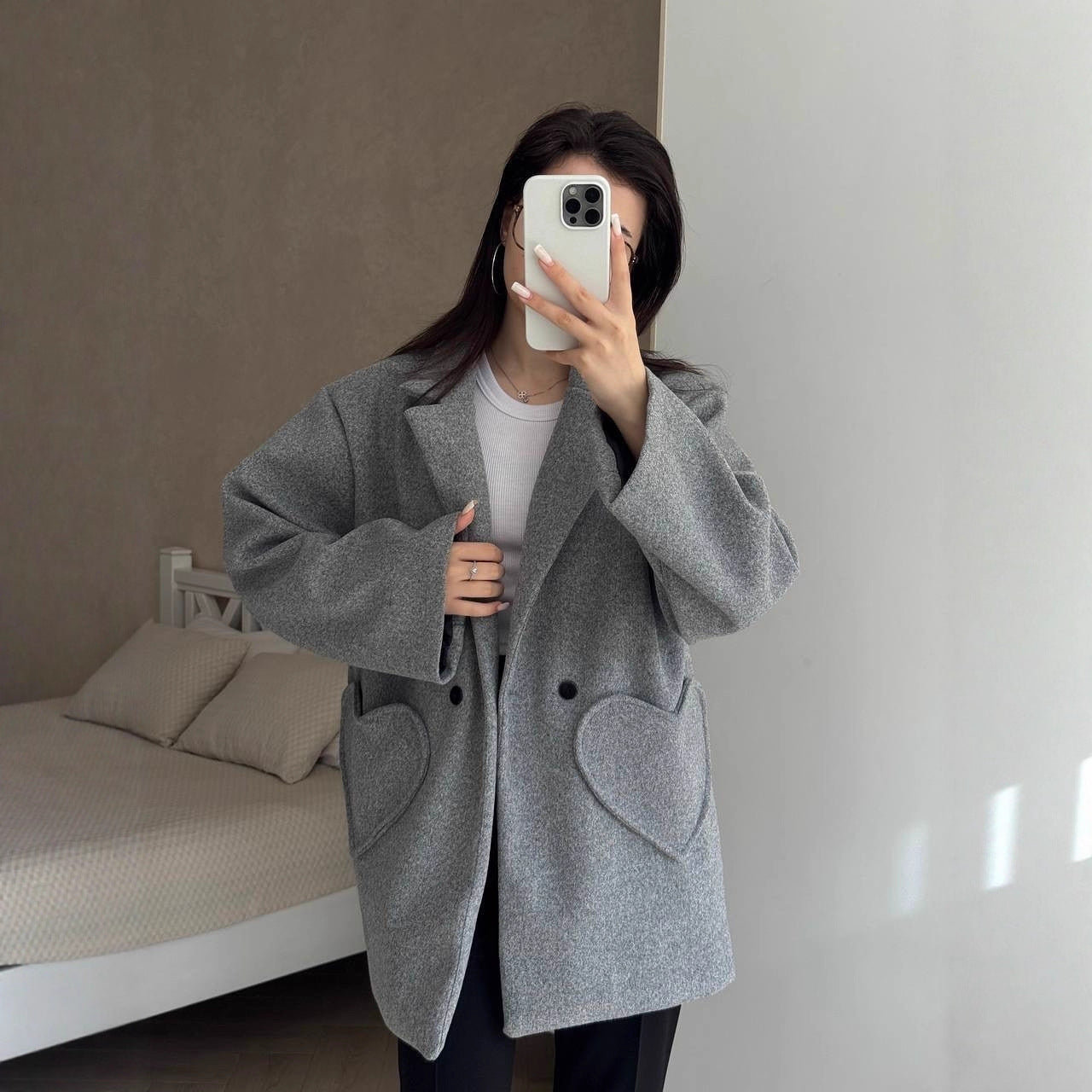 Damen Oversized Blazer-Mantel mit herzförmigen Taschen Chichicherry