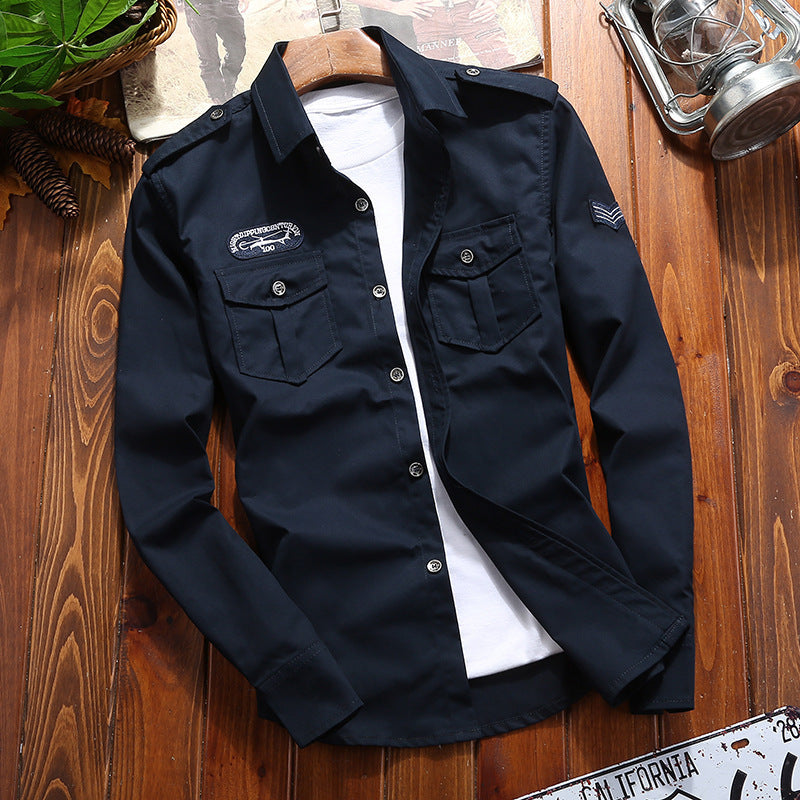 Men's Military-Inspired Utility Shirt Jacket with Epaulettes and Flap Pockets Chichicherry
