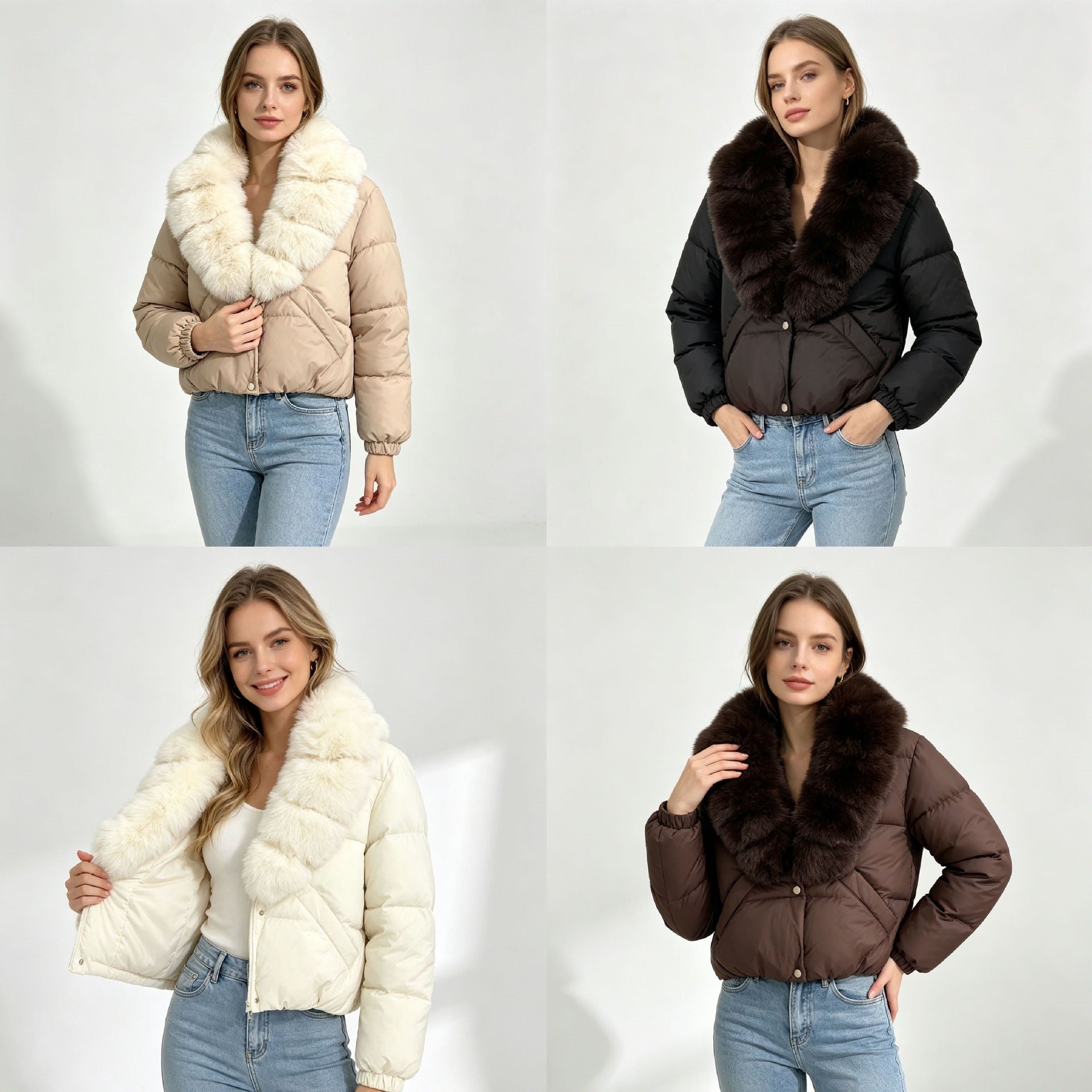 Women's cropped padded jacket with extra voluminous faux fur shawl collar and elastic cuffs Chichicherry