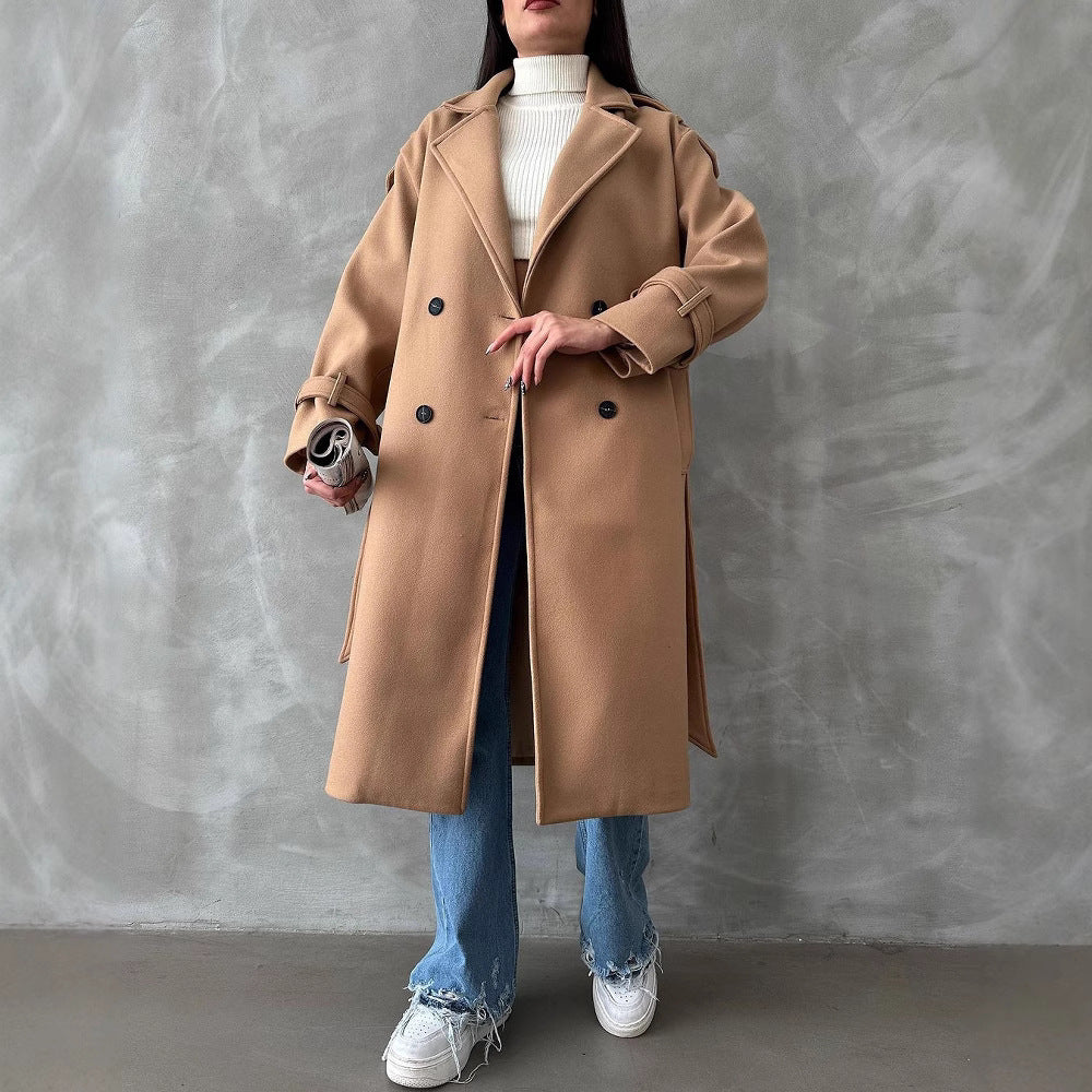 Damen Oversize Wollmix-Mantel mit doppelreihiger Knopfleiste und Taillengürtel Chichicherry