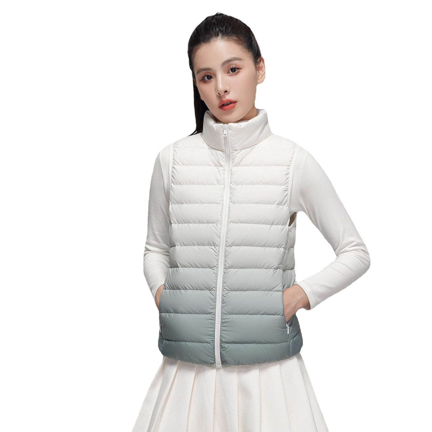 Women Ultraleight Quilted Vest with High Stand-Up Collar and Subtle Gradient Chichicherry