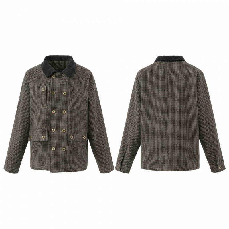 Men's Double-Breasted Wool Mix Field Jacket in Houndstooth with Corduroy Collar and Flap Pockets Chichicherry