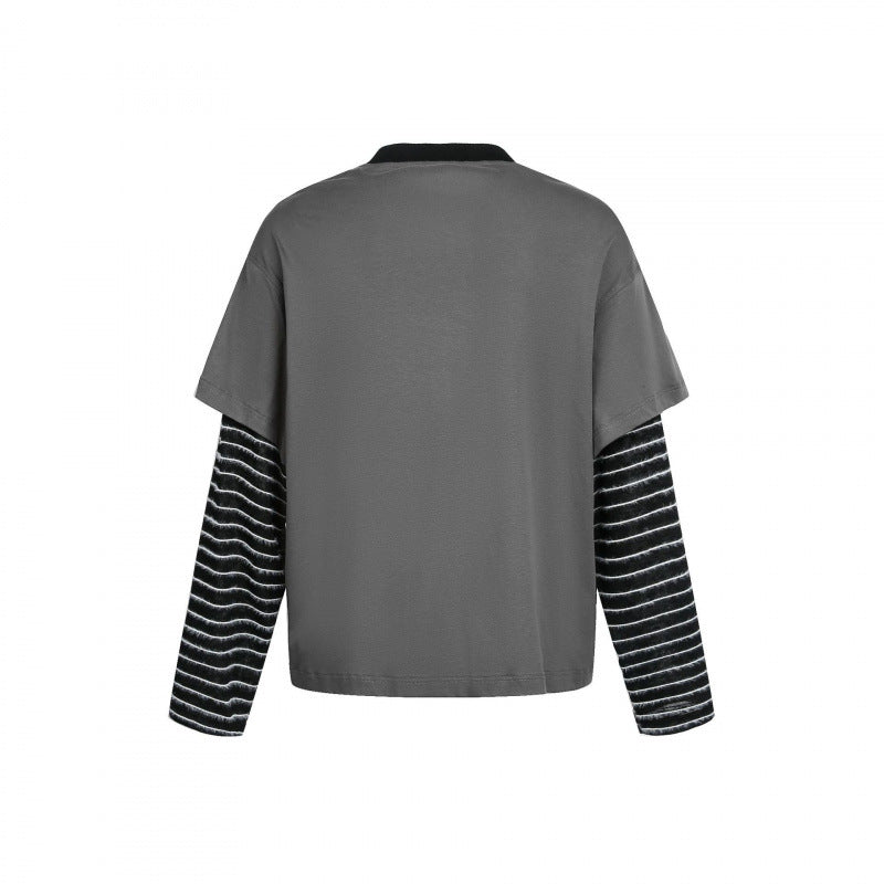 Women layered look long sleeve with graphic print, striped insert sleeves and decorative shoulder straps Chichicherry