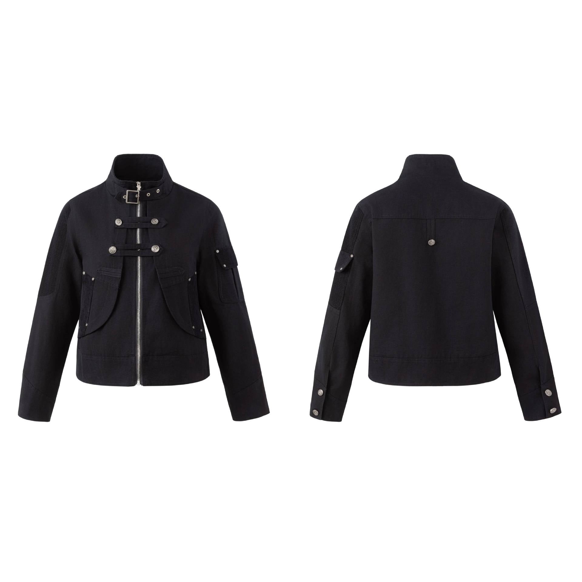 Men's military-inspired short jacket with stand-up collar, belt straps, and decorative flap pockets Chichicherry