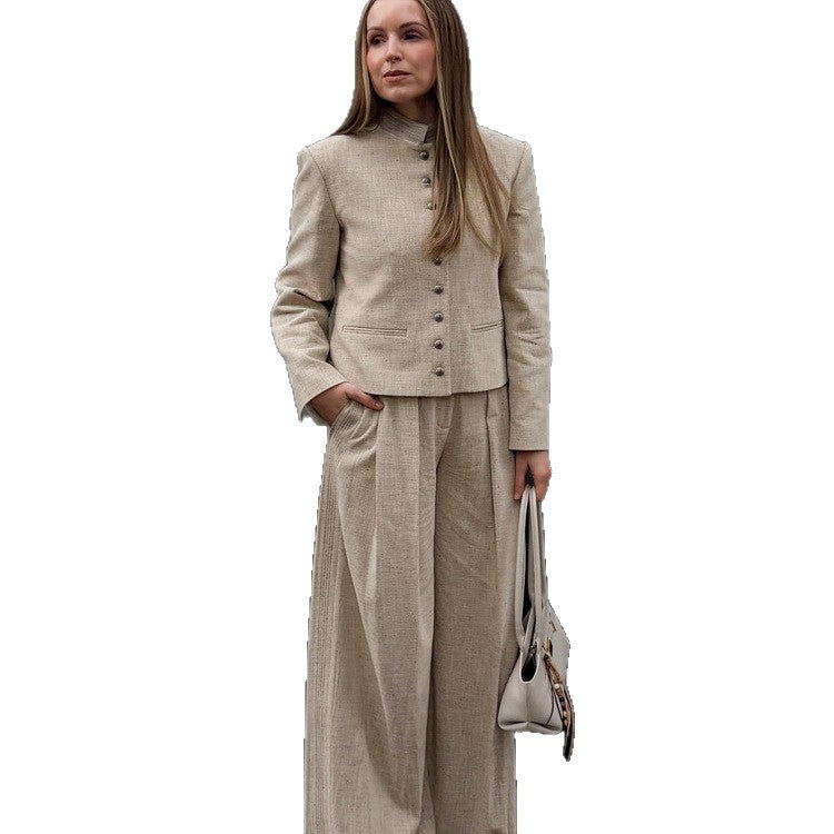 Women's stand collar jacket with metal buttons and wide pleated trousers Chichicherry