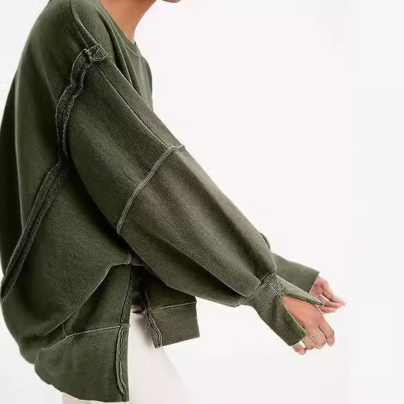 Damen Oversized Sweatshirt mit Ballonärmeln, seitlichen Schlitzen und offenen Kanten Chichicherry