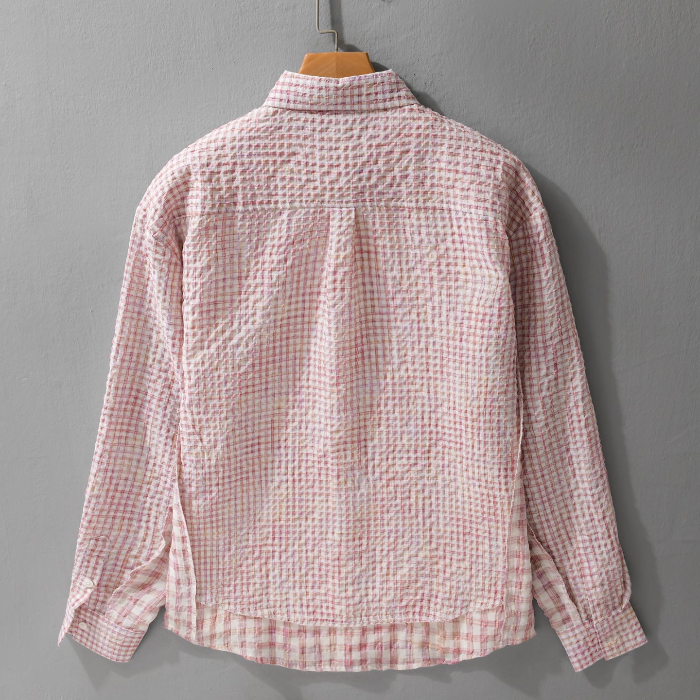 Women's Relaxed-Fit Crinkle Shirt Jacket with fine Gingham weaving structure and subtle chest embroidery Chichicherry