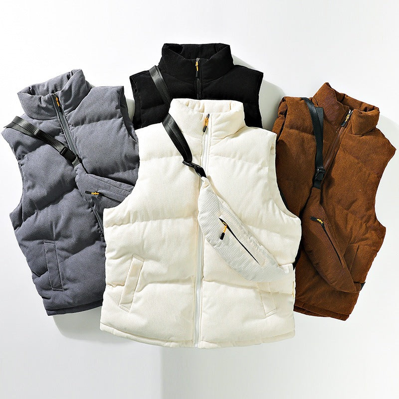 Men's Quilted Cord Sleeveless Thermal Vest with Stand Collar and Integrated Crossbody Bag Chichicherry