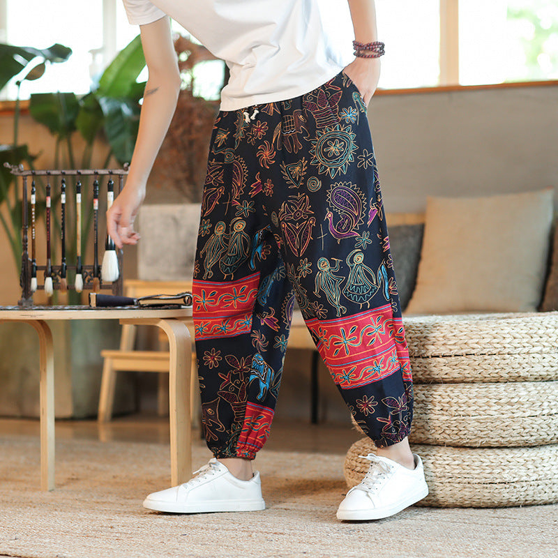 Men's Wide Harem Pants in Boho Print with Elastic Drawstring and Ruffled Anklebands Chichicherry